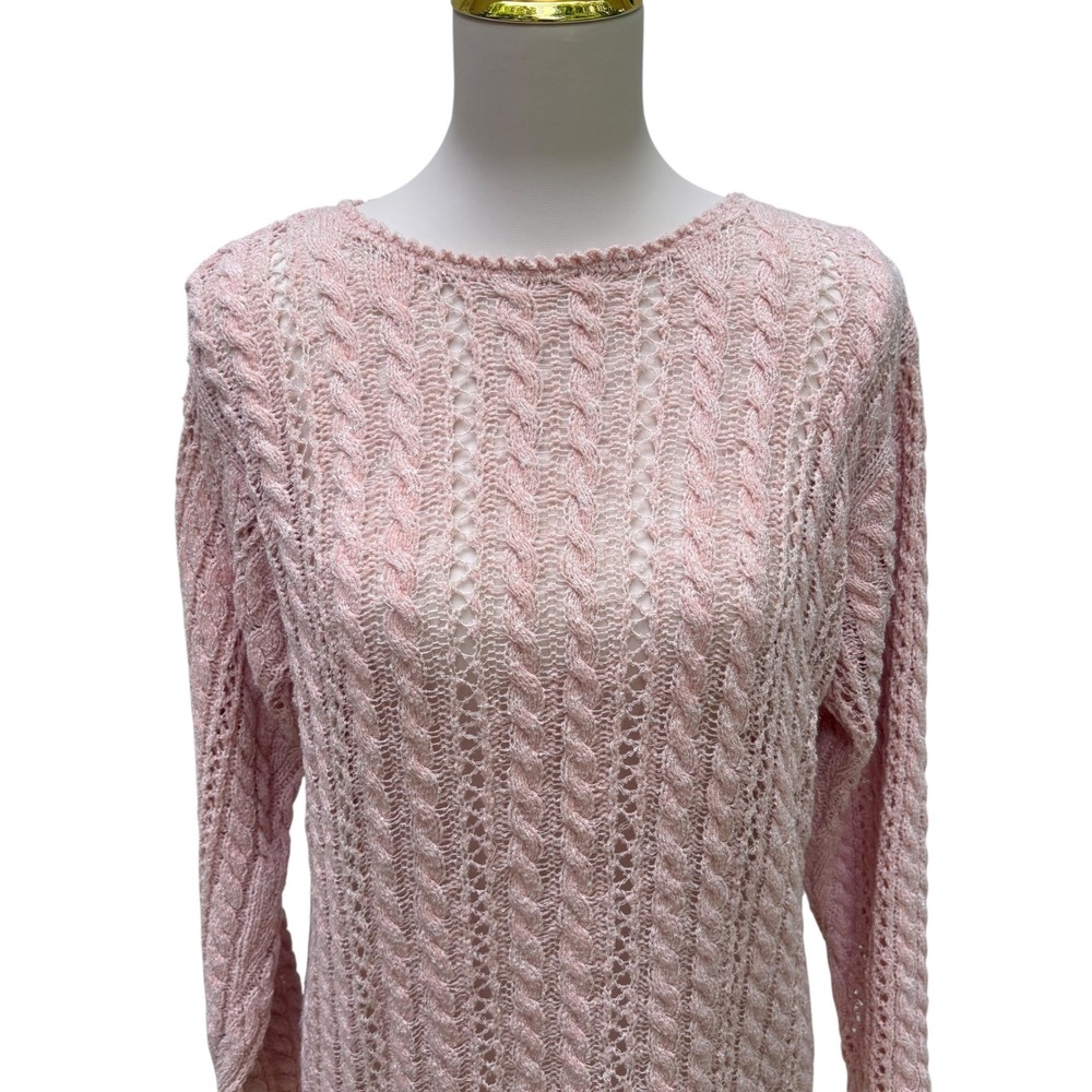 Liz Claiborne Petite Studio Sweater S Pink Cable Knit Pointelle Coastal Coquette - Picture 2 of 8
